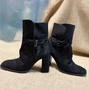 CHANEL Black Satin Square Toe Ankle Boots.  AUTHENTIC from 1990’s
